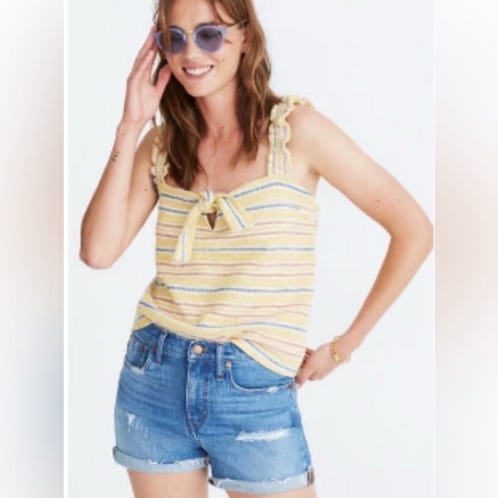 Madewell Texture & Thread Knot Front Stripe Tank Too SZ L Yellow